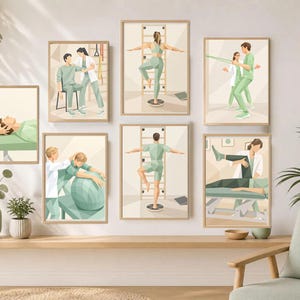 May include: A set of six framed wall art prints featuring geometric illustrations of physical therapy sessions. The artwork depicts practitioners and patients in various exercises, including balance training, stretching, and manual therapy, using a soft palette of sage green, white, and beige tones.