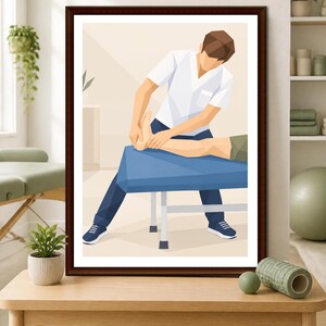 May include: A framed digital illustration depicting a physical therapist in a white shirt and dark pants performing a foot adjustment on a patient lying on a blue treatment table. The scene is rendered in a geometric, low-poly art style.