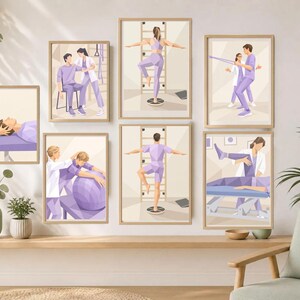 May include: A set of six framed wall art prints featuring illustrations of physical therapy sessions. The images depict various exercises, stretches, and manual therapy techniques performed by practitioners and patients in light purple and white tones.