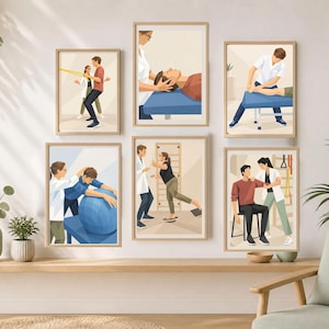 May include: A set of six framed wall art prints depicting physical therapy sessions. The illustrations show practitioners assisting patients with various exercises, including resistance bands, balance balls, and manual adjustments in a clinical setting.