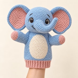 Elephant Hand Puppet Crochet Pattern PDF, Blue Safari Animal with Raised Trunk