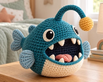 May include: A teal crochet anglerfish plush toy with a cream-colored belly, large white and black eyes, sharp white teeth, a pink tongue, and a yellow glowing-style lure extending from its head. The fish has light blue fins and a dark blue interior.