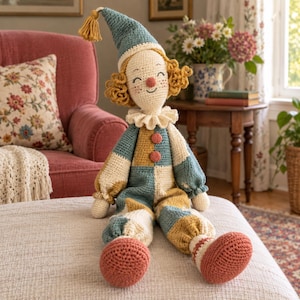 May include: A handcrafted crochet clown doll featuring a teal pointed hat with a yellow tassel, curly golden hair, and a cream-colored face with a red nose. The doll wears a patchwork jumpsuit in teal, mustard yellow, and cream with two red buttons.