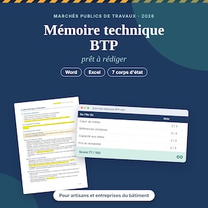 Può includere: Un modello di documento digitale per relazioni tecniche di costruzione intitolato Marchés Publics de Travaux 2026, Mémoire technique BTP, prêt à rédiger. Include icone Word ed Excel, un'etichetta 7 corps d'état e un foglio di calcolo di progetto.