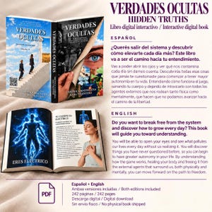 May include: An interactive digital book titled Verdades Ocultas Hidden Truths by Veronica Magdalena and Lara Valentino. The cover features a person walking up stairs into a blue sky, while the open pages display a glowing blue human silhouette.