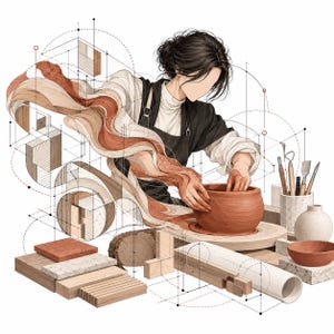 Puede incluir: Una ilustración de un alfarero dando forma a un cuenco de arcilla en un torno, rodeado de diagramas arquitectónicos, bloques de madera, un jarrón de cerámica, un cuenco y herramientas de escultura con cintas fluidas en tonos terracota y crema.