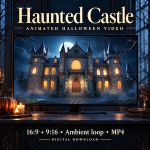 May include: A digital download featuring a Haunted Castle animated Halloween video. The screen displays a stone castle with glowing yellow windows under a full moon. Text includes Haunted Castle, Animated Halloween Video, 16:9 + 9:16, Ambient loop, MP4, and Digital Download.