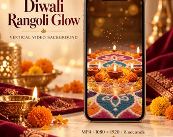 Könnte beinhalten: Ein Smartphone mit einem vertikalen Videohintergrund namens Diwali Rangoli Glow. Der Bildschirm zeigt ein farbenfrohes Rangoli-Muster mit brennenden Tonöllampen und Ringelblumen. Der Text enthält MP4, 1080 x 1920, 8 Sekunden und Digital download.