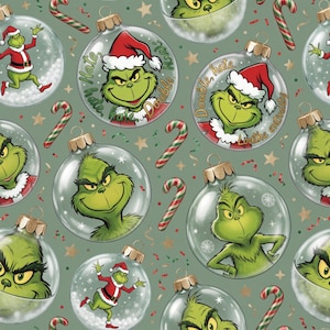 May include: A sage green fabric pattern featuring clear Christmas ornaments containing the Grinch in various poses and outfits. Some ornaments include the text "Hate, hate, hate, double hate" and "Double, hate, loathe entirely" alongside red and white candy canes.