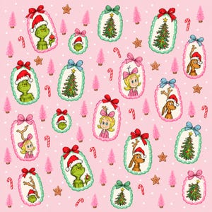 May include: A repeating pattern on a light pink background featuring oval frames with illustrations of a green creature, a blonde girl, a brown dog with antlers, and Christmas trees, accented by small pink trees and candy canes.