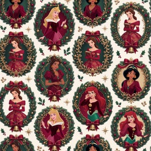 May include: A repeating pattern of Disney princesses including Aurora, Belle, Jasmine, and Ariel, each framed within a circular green holiday wreath adorned with red bows, gold bells, and holly berries on a cream background.