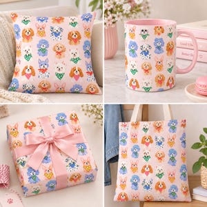 May include: A square throw pillow, a ceramic mug with a pink interior, a gift box wrapped in paper with a pink satin ribbon, and a tote bag, all featuring a repeating pattern of various dog breeds wearing colorful patterned bandanas on a pink background.