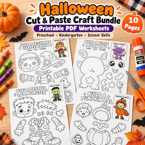 Puede incluir: Un paquete de manualidades de Halloween para recortar y pegar con cuatro hojas de actividades en PDF imprimibles: Build a Patchwork Harvest Friend, Build a Little Moon Imp, Build a Friendly Lab Monster y Build a Pumpkin Pal, con ejemplos.