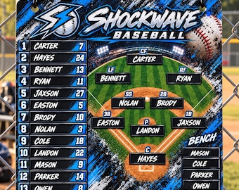 Könnte beinhalten: Ein rechteckiges Shockwave Baseball-Schild mit blau-schwarzem Grafikdesign, einem Baseballfelddiagramm, Spielerpositionen, einer nummerierten Kaderliste und einer Baseball-Illustration. Das Schild enthält Textbeschriftungen für Namen und Positionen.