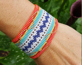 Coral Teal Navy White Yellow Beadloomed Bracelet.  Beadwoven Bracelet. Gift for her.