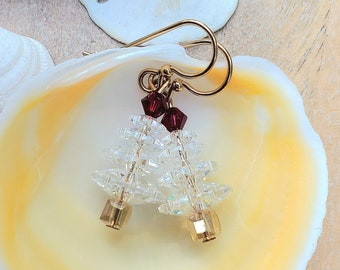 Christmas Tree Earrings Swarovski Crystal Gold Fill Earrings.  Scarlet and Topaz Classic Christmas Earrings. Holiday Earrings