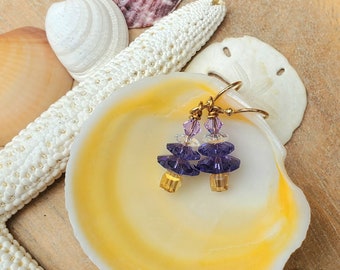 Purple Swarovski Crystal Christmas Tree Earrings, Gold Fill Holiday Jewelry