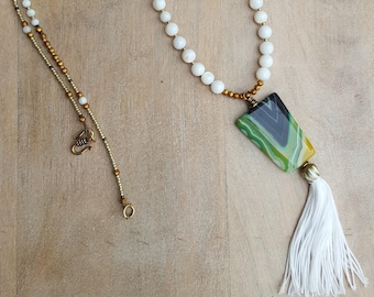 White, Bronze and Greenery Long Tassel Neckle.  Agate Necklace.  Bohemian Beachy Necklace.   Gift for Her.