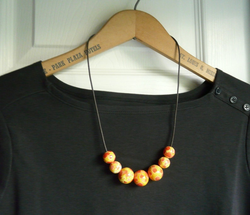 Bold Red, Orange and Yellow Beaded Wood Necklace. Fall Color Necklace. image 1
