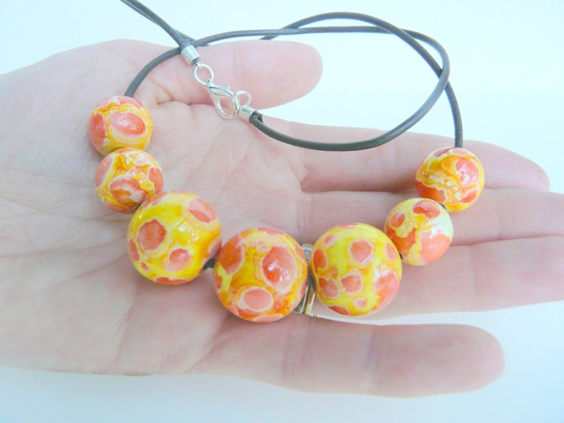 Bold Red, Orange and Yellow Beaded Wood Necklace. Fall Color Necklace. image 4