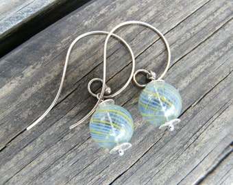 Cinderella's Earrings.  Glass Bead Earrings.  Blue and Yellow Stripe Glass.  Sterling Silver Earrings.  OOAK