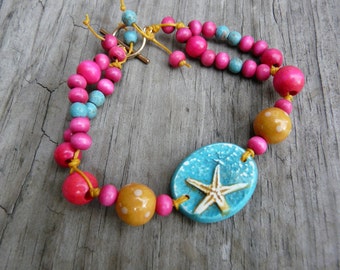 Pink Perlen Armband, Seestern Anhänger