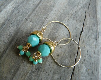 Elegant Teal and Gold Earrings.  Acorn Earrings.  Gift for Her.