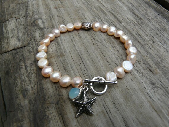 Pearl and Shell Beachy Bracelet. Sea Star Scalloped Shell Aqua Blue Gemstone and Creamy Pearl Bracelet. Gift for Her. Etsy