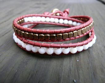 Burgundy red, white and bronze leather wrap bracelet.