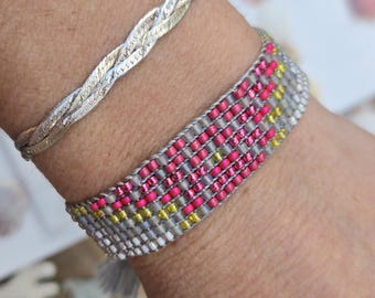Bead Loomed Glas Bead Flach Armband: Pink, Gelb & Grau Glas