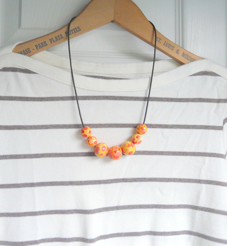 Bold Red, Orange and Yellow Beaded Wood Necklace. Fall Color Necklace. image 5