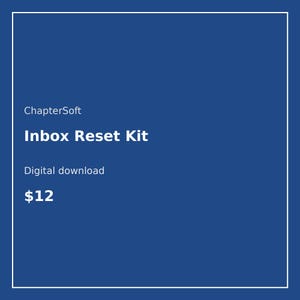 May include: A square graphic with a solid blue background and a thin white border. The text reads ChapterSoft, Inbox Reset Kit, Digital download, and $12 in white font. The design is simple, featuring clean typography and a professional layout.
