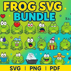 May include: A digital graphic collection titled FROG SVG BUNDLE featuring twenty-four cartoon frogs in various poses and expressions, including sleeping, eating, reading, and exercising, set against a green gradient background with SVG, PNG, PDF text.