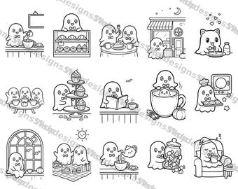 Desenhos para colorir de Halloween, Pacote de desenhos para colorir de um café fantasma fofo e assustador, 15 folhas para imprimir, Atividade Kawaii de Outono