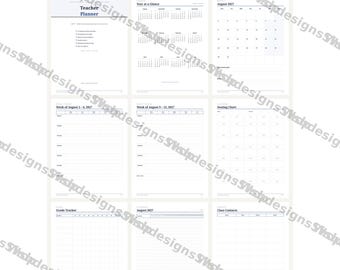 Planejador para Professores 2027-2028 Imprimível, 80 Páginas: Calendários Mensais de Agosto de 2027 a Julho de 2028, Grades de Aulas Semanais, Rastreador de Notas e Frequência.