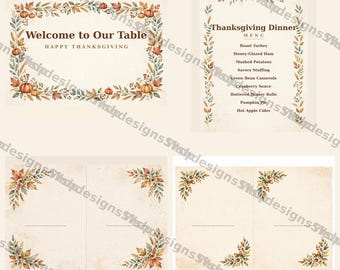 Decoração de mesa para o Dia de Ação de Graças, Cartões de Lugar Imprimíveis, Menu e Placa de Boas-Vindas, Conjunto de Sinalização de Mesa com Tema de Outono