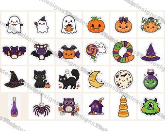 Kit de Adesivos de Halloween, 24 Adesivos Fofos e Assustadores para Imprimir, Adesivos Kawaii de Fantasmas para Agenda, PNG e PDF