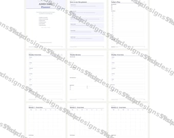 Planejador diário para TDAH, imprimível, sem data, 50 páginas, com blocos de tempo, 3 principais prioridades, planejamento semanal e visão geral mensal.