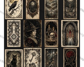 Arte de parede gótica de Halloween, 12 gravuras vintage, decoração Dark Academia, conjunto de arte imprimível assustadora da era vitoriana