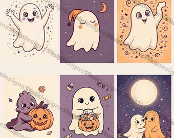 Conjunto de 6 pôsteres fofos de fantasmas para parede, estampas assustadoramente fofas de Halloween, galeria de parede kawaii com fantasmas, decoração para imprimir.