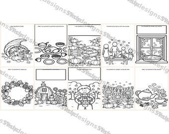 Desenhos para colorir de Ação de Graças com sugestões de gratidão, 10 folhas com tema de colheita de outono, PDF para imprimir