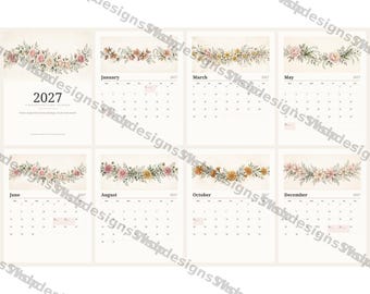 Calendário de parede floral em aquarela para imprimir em 2027, calendário mensal botânico com feriados dos EUA em PDF.
