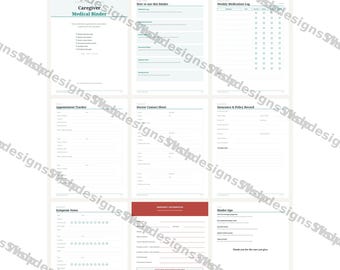 Pasta para Cuidadores e Informações Médicas - Imprimível, 35 Páginas: Registro de Medicamentos, Agendamento de Consultas, Contatos Médicos, Anotações de Sintomas, Informações de Emergência