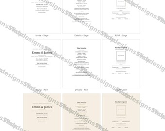 Conjunto minimalista de convites de casamento com RSVP por QR Code | 3 modelos para impressão (verde sálvia, preto, bege) | Modelo para convite, detalhes e cartão de RSVP