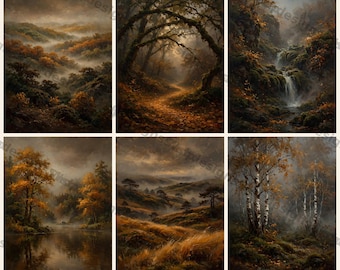 Conjunto de 6 gravuras com paisagens outonais melancólicas, arte de parede com floresta outonal em tons de âmbar e musgo, para imprimir.