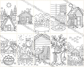 Desenhos para colorir de cabanas aconchegantes de outono, 10 páginas para colorir fáceis e vibrantes com temas outonais, PDF para imprimir