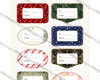 Etiquetas de presente de Natal para imprimir, conjunto com 40 etiquetas para presentes de Natal, etiquetas "Para/De" com guias de corte em PDF.
