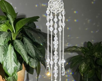 Crystal Suncatcher: Window Chandelier with Silver Metal Accents