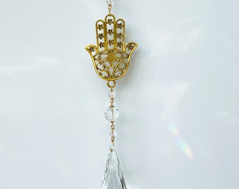 Golden Hamsa Hand Decor Hanging suncatcher, window decor hanging, crystals hanging, lightcatcher, suncatcher, hamsa hanging