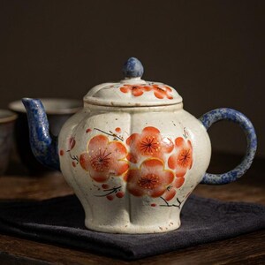 Beige Ceramic Teapot 165ml - Plum Blossom Design with Filter - Cozy Home Gift